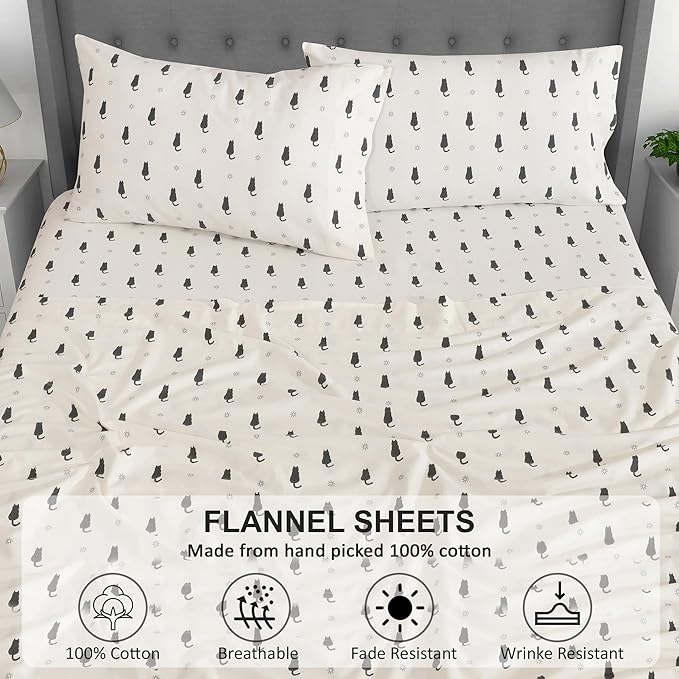 RUVANTI Flannel Sheets California King Size - 100% Cotton Brushed Cal King Bed Sheets Set - Deep Pockets 14 Inches - All Seasons Breathable & Extra Soft - Warm & Cozy, 4 Piece, Black Cat