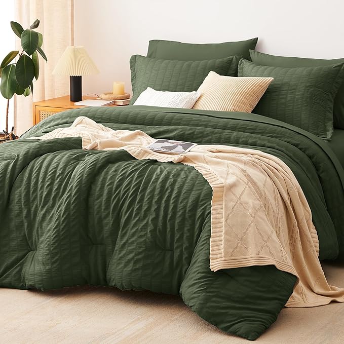 CozyLux Queen Comforter Set Olive Green Seersucker 7 Pieces Bed in a Bag Queen Comforter Set with Sheets Luxury Soft Bedding Set with Down Alternative Comforter, Sheets, Pillowcases & Shams All Season