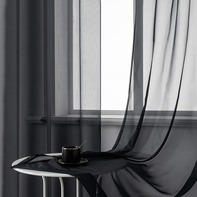 DUALIFE Black Sheer Curtains 45 Inch Length for Basement Windows Set of 2 Panels Grommet Semi Translucent Short Curtains for Small Windows Kitchen Bedroom Bathroom 52x45 Inches Long