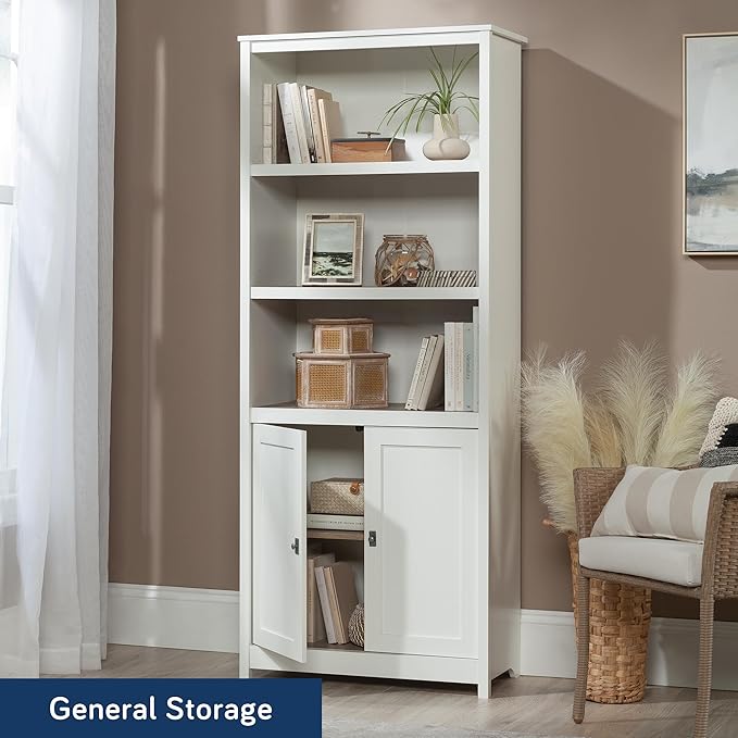 Sauder Cottage Road Book Shelf, Bookshelf with Storage, Library Bookcase with Doors and Adjustable Shelves, in Soft White Finish