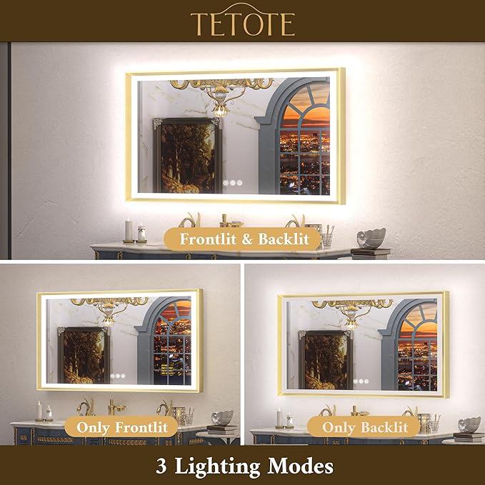 TETOTE 48x36 LED Mirror for Bathroom Gold Metal Frame Frontlit & Backlit Lighted Vanity Mirror Baroque Anti Fog Stepless Dimmable White/Warm/Natural,CRI90+,Waterproof,Wall Mounted(Horizontal/Vertical)