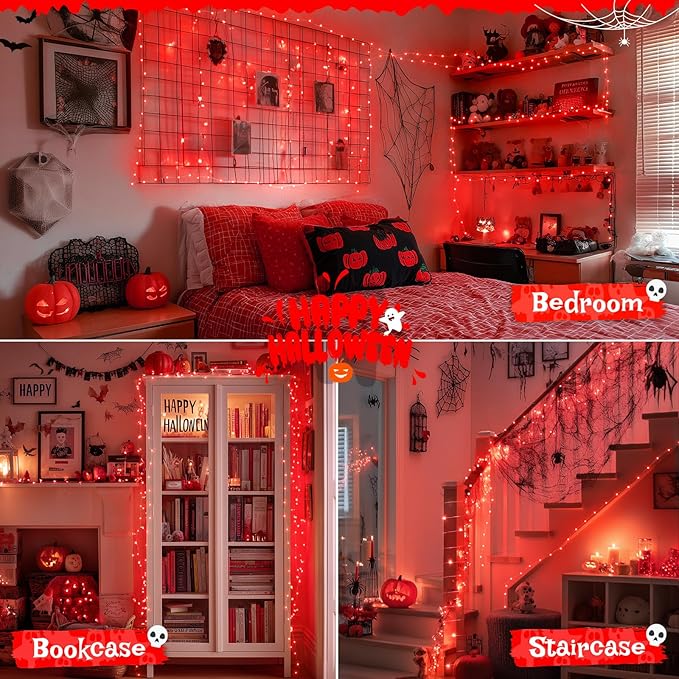 JMEXSUSS 2 Pack Red Fairy Lights Battery Operated, Total 200 LED 66ft Red String Lights Battery Powered with Remote, 8 Modes Christmas Lights for Tree Indoor Outdoor Wreath Bedroom Halloween Decor