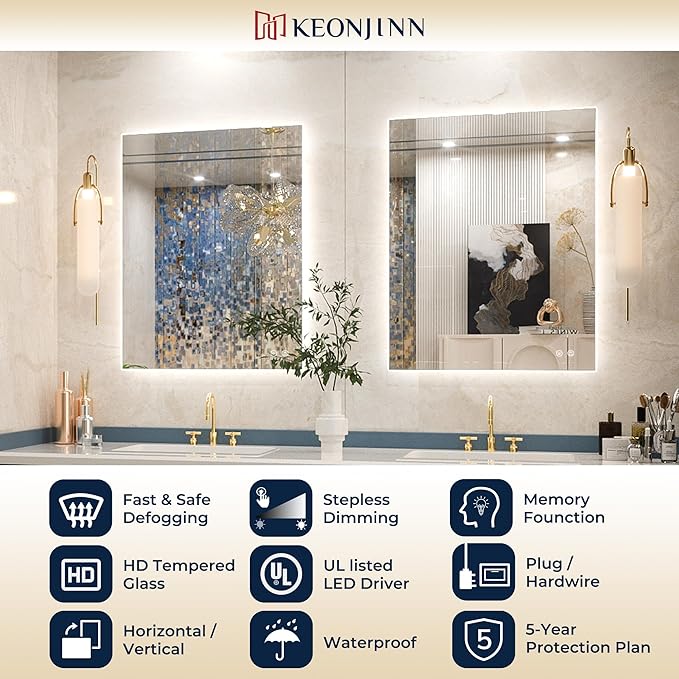 Keonjinn 40 x 32 Inch LED Bathroom Mirror with Backlit, Anti-Fog, CRI90+ HD Dimmable Vanity Mirror, High Lumen, Horizontal/Vertical Wall Mount, UL Listed Lighted Vanity Mirror, Waterproof