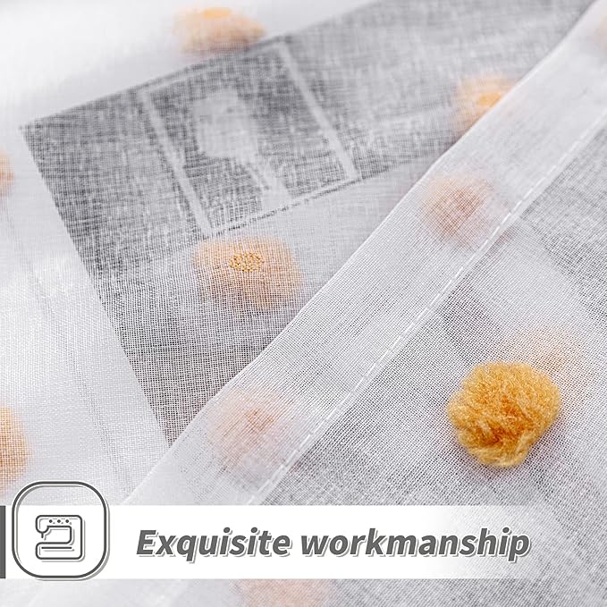 MYSKY HOME Burnt Orange Pom Pom Curtains for Bedroom, Small Windows, Light Filtering, White Sheer, Short Cafe, Bathroom Privacy, Rod Pocket, 52 x 45 inch, 2 Panels