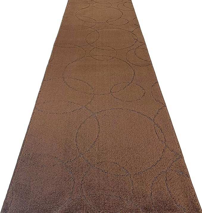 Custom Size Modern Geometric Pattern Carpet Runner Rug for Hallways, Slip Resistant Latex Rubber Backed, 31 inch Wide X Customized Length, Circles Brown, 31 inch X 8 feet