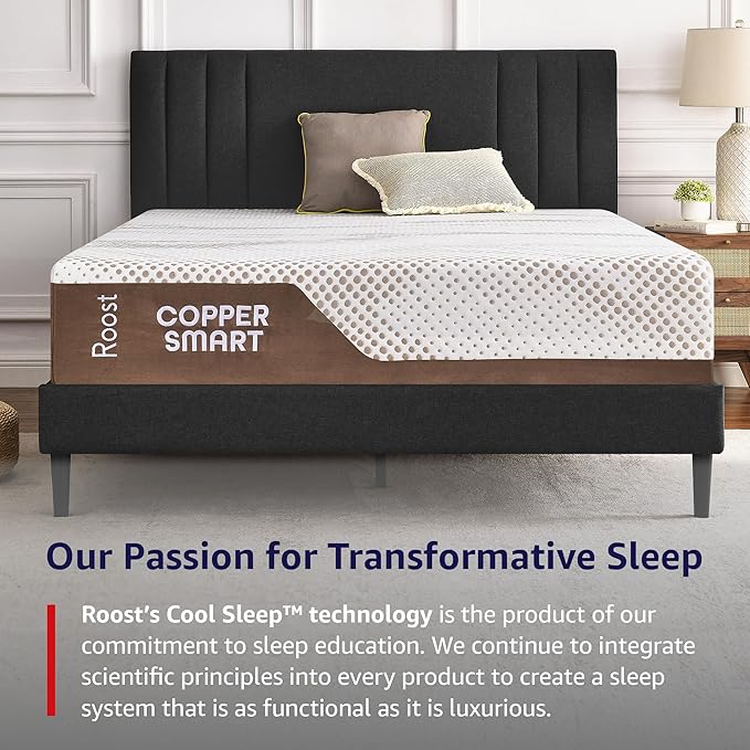 ROOST SLEEP 14-Inch Queen Mattress with Medium Firm Support, CertiPUR-US Certified, Copper Smart Thermic Cooling Gel Memory Foam for Hot Sleepers, Made in USA