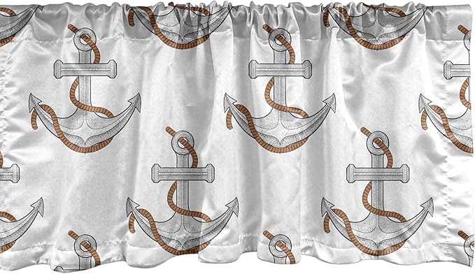Ambesonne Vintage Nautical Tattoo Window Valance Pack of 2, Repetitive Anchor and Motif Maritime Pattern, Rod Pocket Curtain Valances for Kitchen Bedroom, 54" X 12", Pale Cinnamon Pale Grey