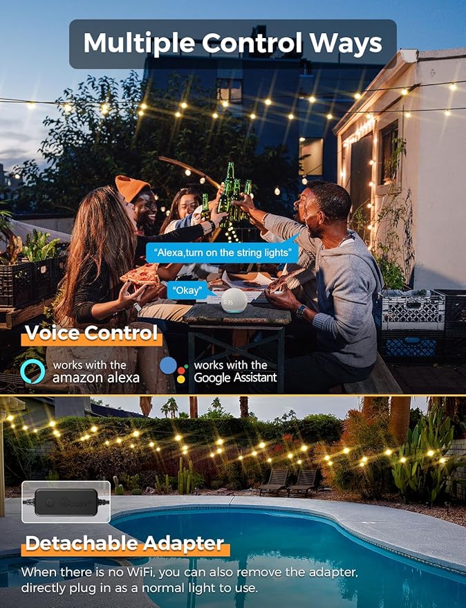 XMCOSY+ Smart Outdoor String Lights, 75Ft G40 Globe Patio Lights with 34 Dimmable LED Bulbs, WiFi & APP Control, Work with Alexa, Extendable Waterproof LED String Lights for Outside, Porch, Backyard