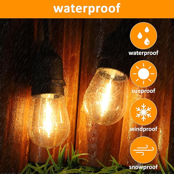 52 Ft LED Outdoor String Lights, Connectable Patio Hanging Light with 15Pcs Waterproof Vintage Edison Bulbs for Backyard Light, Bistro Lights Camping Outdoor Lighting
