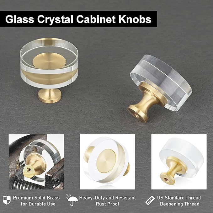 QOGRISUN 10-Pack Brass Crystal Cabinet Knobs,Glass Crystal Gold Drawer Knobs,1-1/4-Inch Round, Decorative Dresser Pulls, Modern Cabinet Hardware