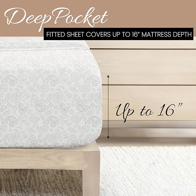 Linen Market Double-Brushed Patterned Microfiber Full Sheet Set 4 Piece – Oeko-TEX Certified Ultra Soft & Wrinkle-Free - 16" Deep Pocket Sheets - Easy Care Full Size - Coarse Paisley Light Gray