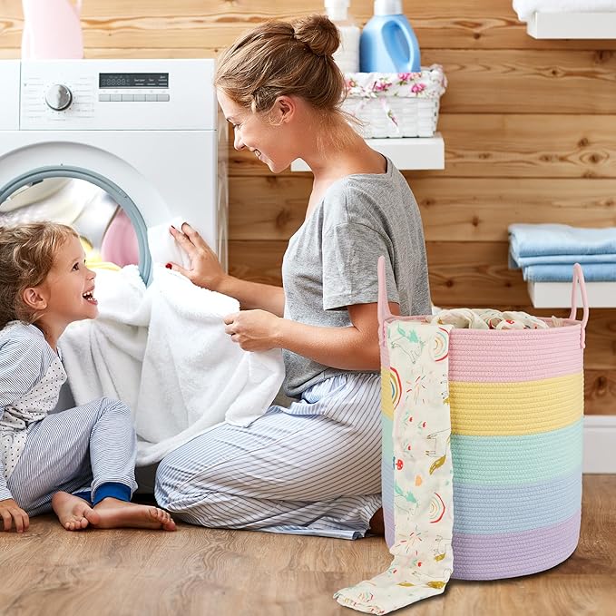 Rope Laundry Basket Hamper for Kids Girl Woven Storage Basket for Living Room Bedroom Boho Tall Baskets for Blanket Toys Pillow Towels Baby Nursery Hamper Bin rainbow