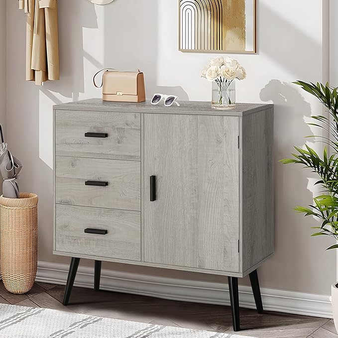 Iwell Storage Cabinet with 3 Drawers & Adjustable Shelf, Sideboard Buffet Cabinet, Small Freestanding Floor Storage Unit, for Living Room, Home Office, Rustic Grey