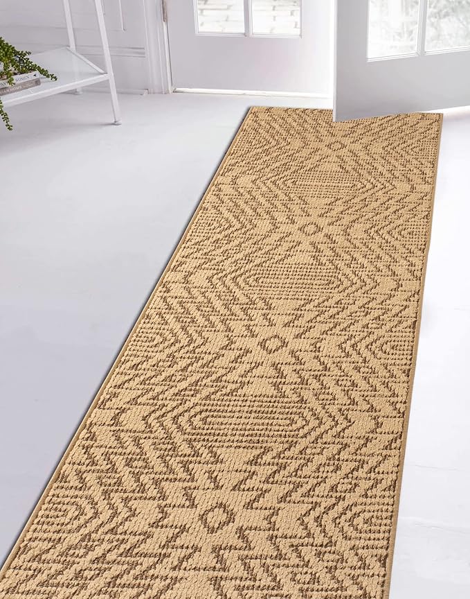 Custom Length Cut to Size Tribal Ethnic Southwestern Inspired Hallway Runner Rug, Non Slip Rubber Backed, 31 inch Wide X Customized Length, Inca Tan, 31 inch X 6 feet