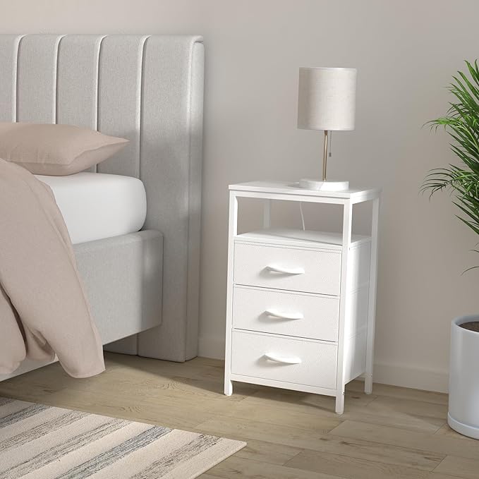 Huuger Nightstands Set of 2, 27.6 Inch End Tables with Charging Station, Bedside Tables with Drawers, PU Leather Finish, USB Port and Outlet, Night Stands for Bedroom, White