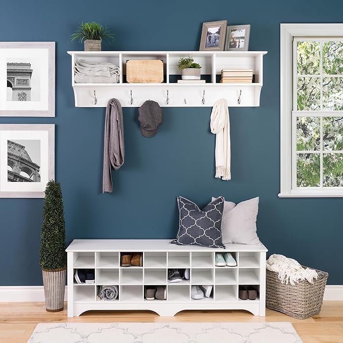 Prepac 60" Contemporary Wall Mounted Coat Rack, Coat Hooks Wall Mount with 4 Shelves, Ideal for Hallway or Entryway Storage Solution, 11.5"D x 60"W x 16.5"H, White