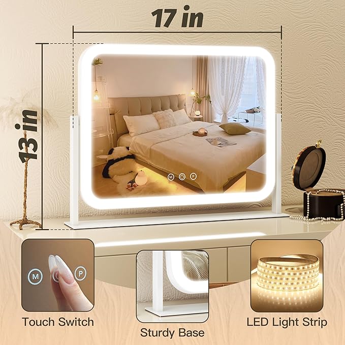 FENNIO Vanity Mirror with Lights 17''x13'' Makeup Mirror with Lights,Vanity Mirror Touch Screen with 3-Color Lighting,Dimmable,for Vanity Desk Tabletop White