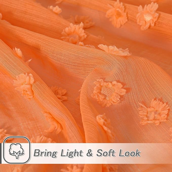 MYSKY HOME Orange Sheer Short Curtains with Pom Pom for Small Windows Bedroom Nursery Kids Girls Room Curtains Cafe Kitchen Light Filtering Boho Drapes, Rod Pocket,38 x 54 Inches, 2 Panels