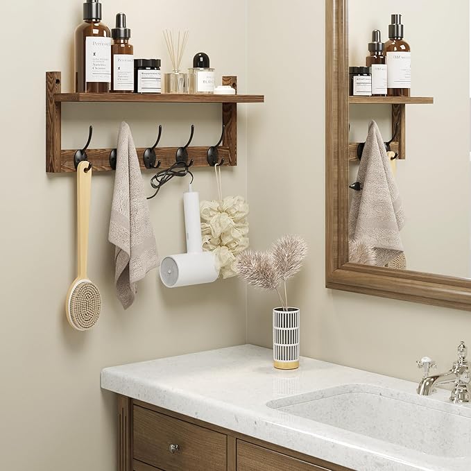 AMBIRD Wall Hooks with Shelf - Wooden Entryway Organizer with 5 Dual Hooks, Retro Wall-Mounted Coat Hook Rack for Bathroom, Living Room, Bedroom (17.12 Inch)
