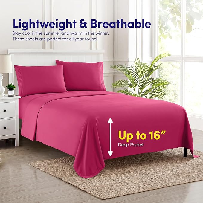 RV Short Queen Sheet Set with Built-In Sheet Straps -✅ Deep Pocket Recreational Vehicle Camper Size Fitted Sheet, Flat Sheet & Pillowcases -✅ Soft, Wrinkle-Free, Secure Fit -✅ Fuschia