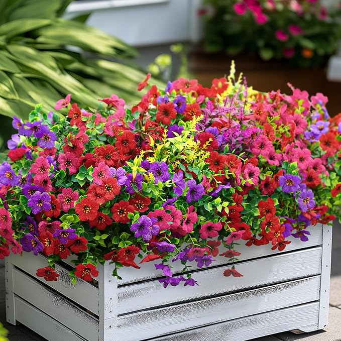 SHareconn 24 Bundles Artificial Flowers for Outdoors Decoration, Faux Plants Fake Silk Colorful Daisy Eucalyptus Lavender, UV Resistant for Outside Planters Home Porch Patio Indoor Spring,Mix 3 Colors