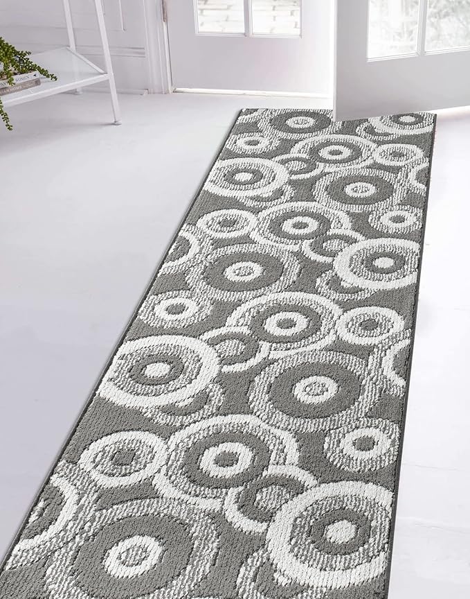 Custom Length Cut to Size Retro Modern Geometric Carpet Runner Rug for Hallways, Non Slip Rubber Backed, 31 inch Wide X Customized Length, Geo Grey, 31 inch X 4 feet, Doormat Size