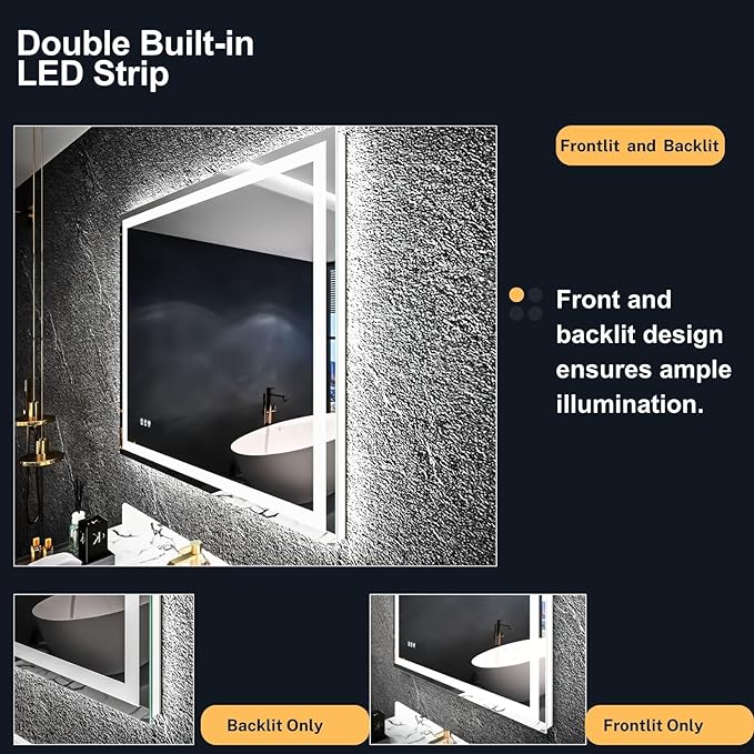 LED Bathroom Mirror 72"x 32",Front Lit and Backlit Bathroom Mirror with Lights,Stepless Dimmable,Anti-Fog, Shatter-Proof, Memory, 3 Colors Lighted Vanity Mirror (Horizontal/Vertical)