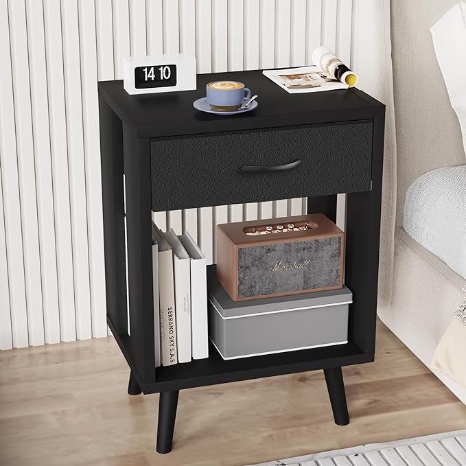 GYIIYUO Nightstands Set of 2 with Fabric Storage Drawer and Open Wood Shelf, Side Table with Storage for Bedroom, Night Stand with Drawer for Bedroom, Bedside Tables - Black 24" H