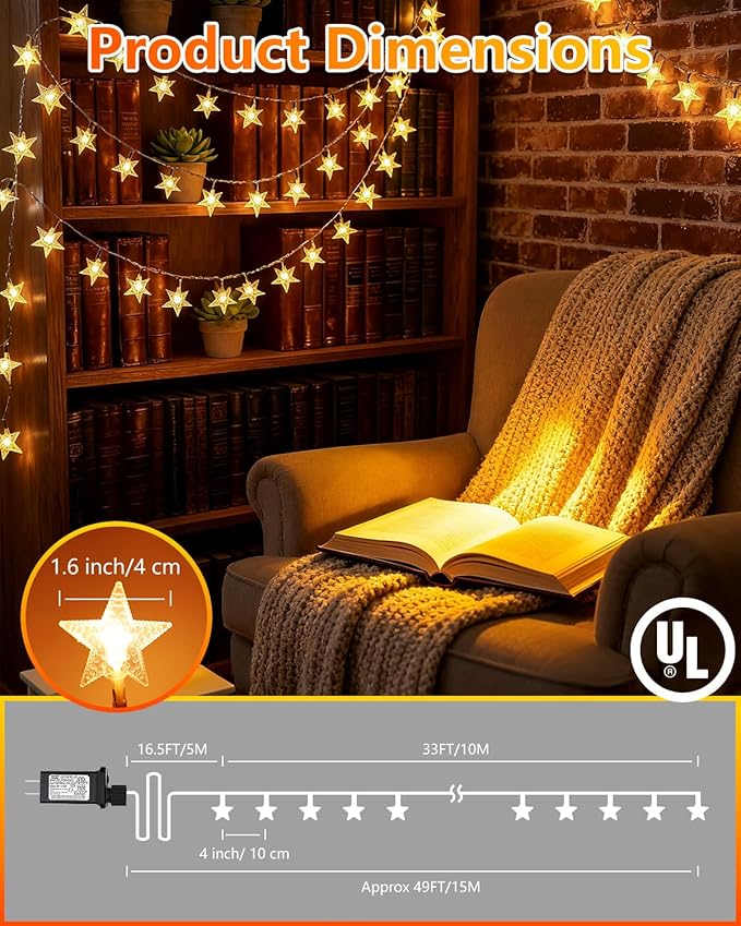 Twinkle Star 100 LED Star String Lights, 33FT Plug in Fairy String Lights Waterproof, Extendable for Indoor, Outdoor, Wedding Party, Christmas Tree, New Year, Ramadan, Garden Decoration, Warm White