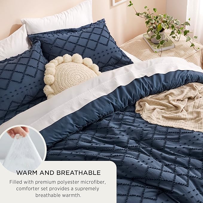 Bedsure Oversized King Comforter Set - Navy Blue Comforter, Boho Tufted Shabby Chic Bedding, 3 Pieces Vintage Farmhouse Bed Set for All Seasons, Fluffy Soft Bedding with 2 Pillow Shams