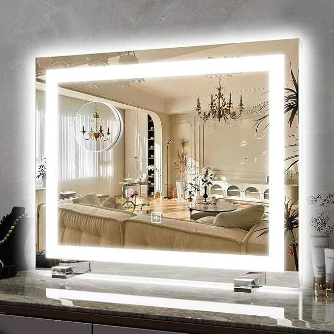22x20 Inch Lighted Vanity Mirror, 3-Mode Touch Dimming LED Lighting, Large Makeup Mirror for Dressing Room, Tabletop or Wall-Mounted, White