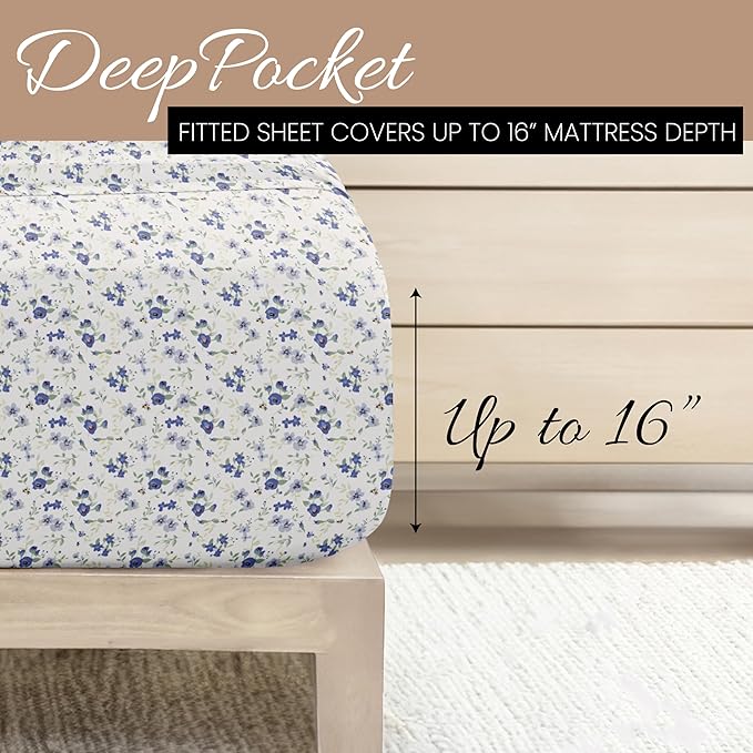 Linen Market 4 Piece Queen Sheet Set - Breathable, Double-Brushed Patterned Cooling Sheets – Oeko-TEX Certified Ultra Soft & Wrinkle-Free 16" Deep-Pocket Queen Sheets - Easy Care Blossoms Light Blue
