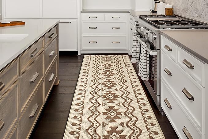 Custom Length Cut to Size Tribal Ethnic Southwestern Inspired Hallway Runner Rug, Non Slip Rubber Backed, 31 inch Wide X Customized Length, Aztec Beige, 31 inch X 15 feet
