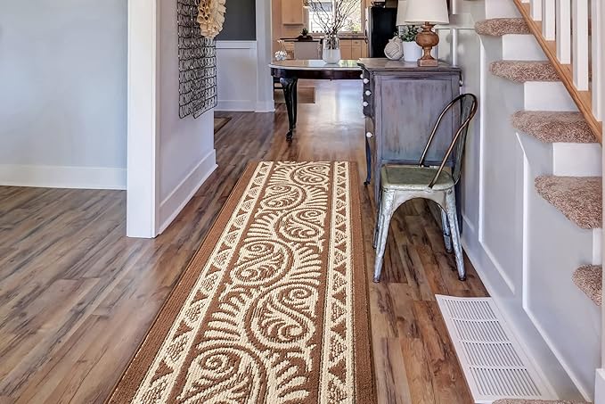 Custom Length Cut to Size Tribal Ethnic Southwestern Inspired Hallway Runner Rug, Non Slip Rubber Backed, 31 inch Wide X Customized Length, Mayan Brown, 31 inch X 13 feet