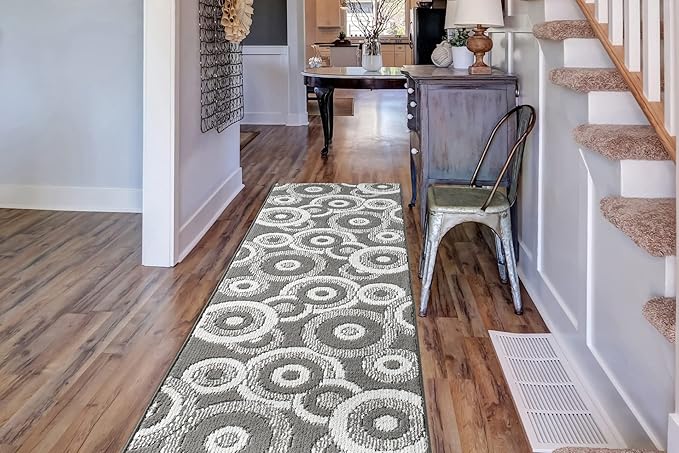 Custom Length Cut to Size Retro Modern Geometric Carpet Runner Rug for Hallways, Non Slip Rubber Backed, 31 inch Wide X Customized Length, Geo Grey, 31 inch X 25 feet