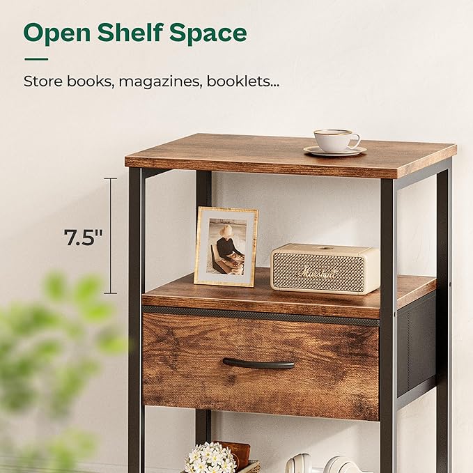 Huuger Nightstand Set of 2, Night Stand with Fabric Drawer, Mesh Shelf, Side Table with Storage, Fabric Drawer Dresser, Open Shelf, Metal Frame, Bedroom, Rustic Brown