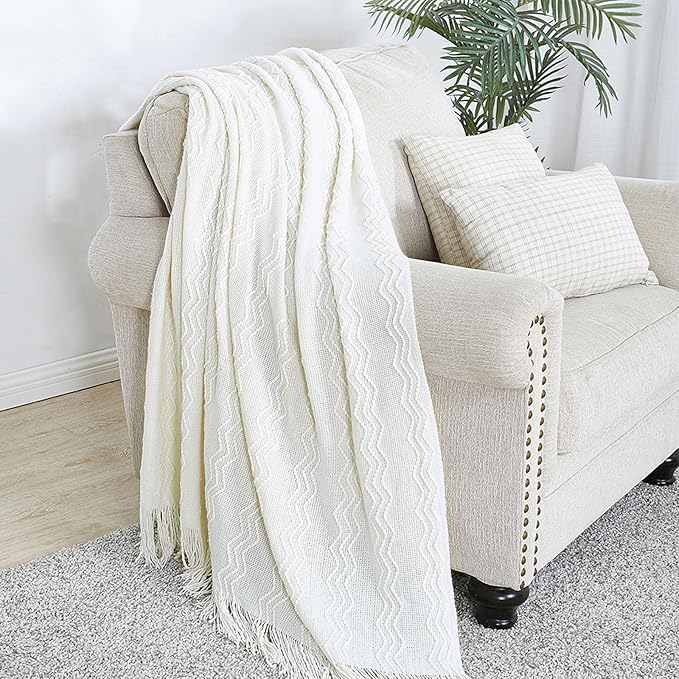 BOURINA Off White Throw Blanket 50 x90 Inches Throw Textured Solid Soft Sofa Throw Bed Runner Couch Cover Knitted Decorative Blanket Bed Runner