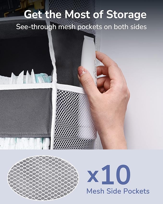 ULG 1 Pack Over Door Organizer with 5 Large Pockets 10 Mesh Side Pockets, 44 lbs Weight Capacity Hanging Storage Organizer with Clear Window Kids Toys, Shoes, Diapers, Dark Grey, 5 Layers