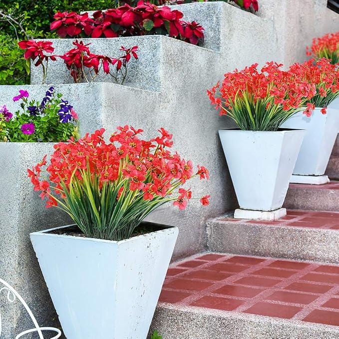 12 Bundles Artificial Flowers Outdoor UV Resistant Fake Flowers No Fade Faux Plants Garden Porch Window Box Decorating (Deep Red)