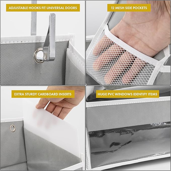 HOMELUX THEORY 1 PC Heavy Duty Over the Door Organizer 55x14x6.7, 6 Large Front & 12 Side Pockets, Hanging Storage Closet Door Organizer for Bedroom, Bathroom and Baby Nursery Storage (Light Gray)
