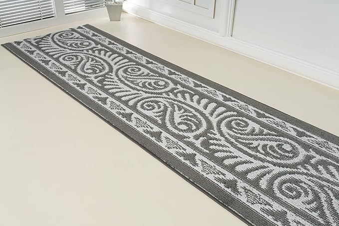 Custom Length Cut to Size Tribal Ethnic Southwestern Inspired Hallway Runner Rug, Non Slip Rubber Backed, 31 inch Wide X Customized Length, Mayan Grey, 31 inch X 8 feet