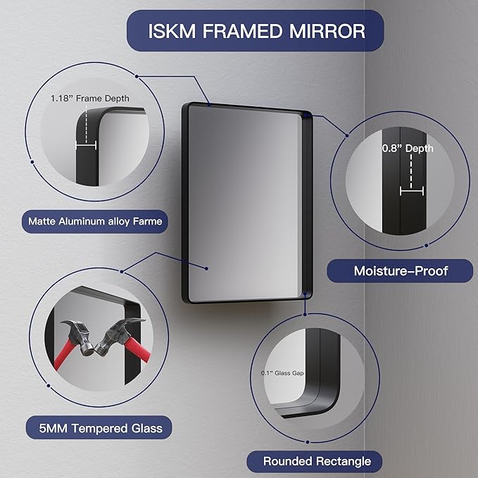 ISKM Black Bathroom Mirror for Wall 48" x 40" Matte Black Framed Vanity Mirror Anti-Rust, Tempered Glass, Rounded Rectangle Mirror(Horizontal/Vertical)