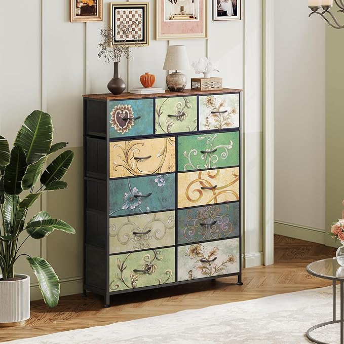 WLIVE Storage Organizer Unit with 11 Fabric Bins, Storage Drawers Organizer with Steel Frame, Tall Storage Tower Organizaton for Living Room, Hallway, Office, Floral Painted