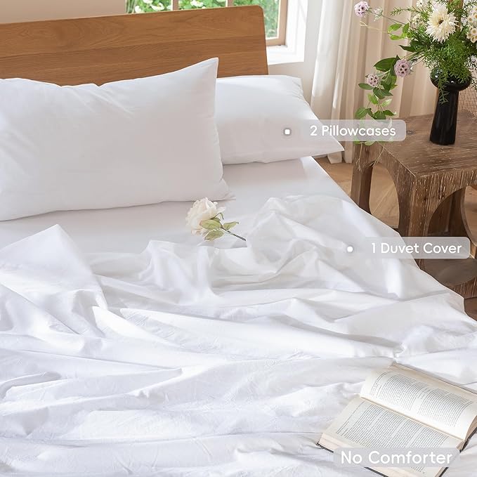 MooMee Bedding Duvet Cover Set 100% Washed Cotton Linen Like Textured Breathable Durable Soft Comfy (Solid Bright White, Oversized Queen 98"x98")