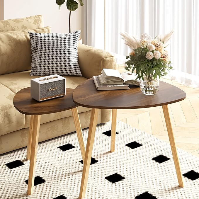 BAMEOS Bamboo Nesting Triangle End Table,Set of 2 Coffee Table Modern Minimalist Side Table for Living Room (Walunt)
