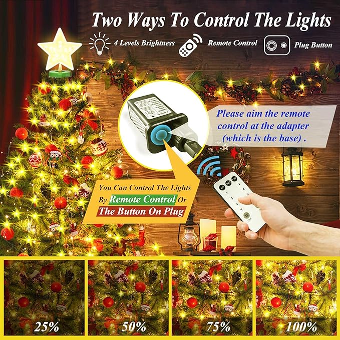 aneeway Christmas Tree Lights with Star Toppers, 410 LED Christmas Lights with 8 Modes & Memory Function, 6.6FT x 16 String Lights with Remote Control & Timing for Xmas Ornaments - Warm White