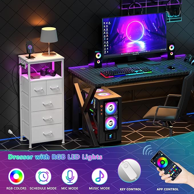Furnulem Dresser for Bedroom, Tall Nightstand, Vertical Chest with Wood Top, Charging Station, LED Lights, 5 Fabric Bins, Bedside Table with Shelf, Furniture for Entryway (5 Drawer, White)