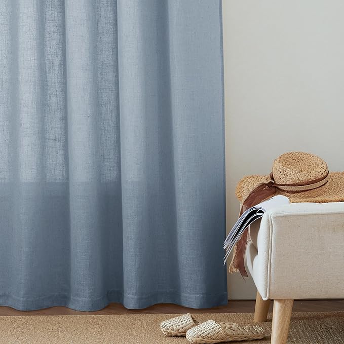 RYB HOME Natural Linen Curtains for Living Room Nursery Playroom, Modern Privacy Drapes 84 inch Length Vertical Semi Transparent Sheer for Large Windows, W 100 inch x L 84 inch, Dusty Blue, 1 Pc