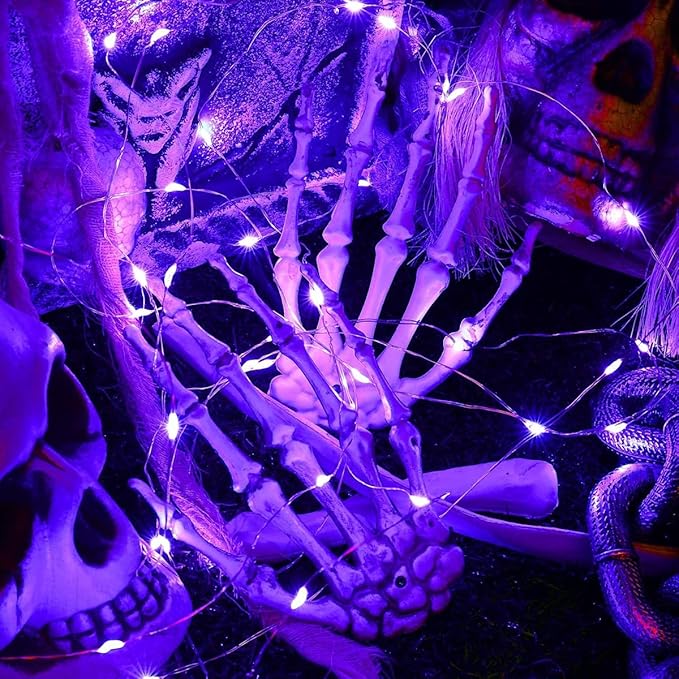 4-Pack 50 LED Fairy Lights Battery Operated with Timer, 16FT Waterproof Halloween String Lights Outdoor Indoor LED Starry Lights for Halloween Parties Bedroom Home Centerpiece DIY Decorations (Purple)