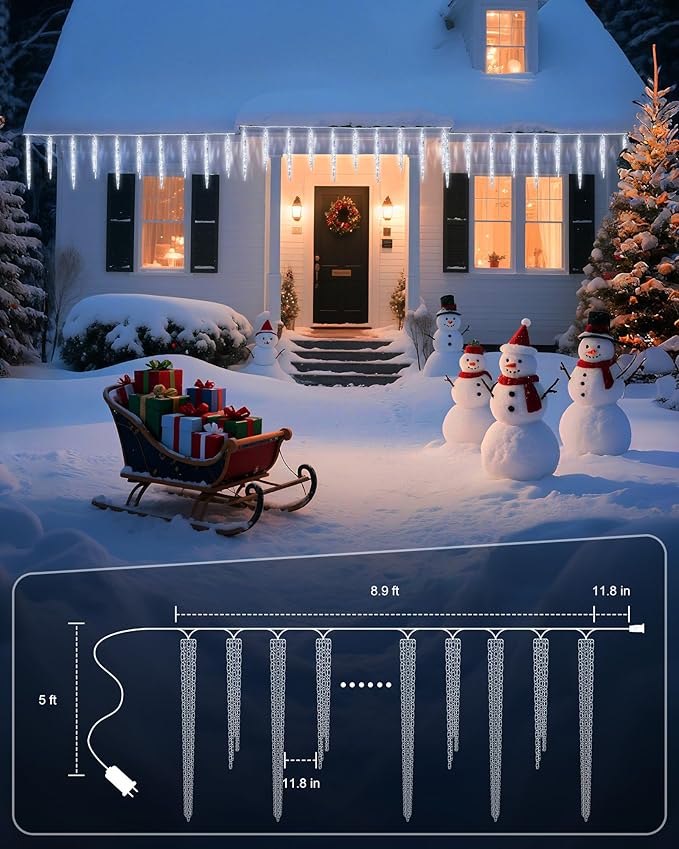 Minetom Icicle Lights Outdoor with Clips, 10ft 50 LED 10 Tubes Twinkling Ice Shape String Lights, Connectable Hanging Christmas Lights Plug in for Eave Holiday Outdoor, Cool White